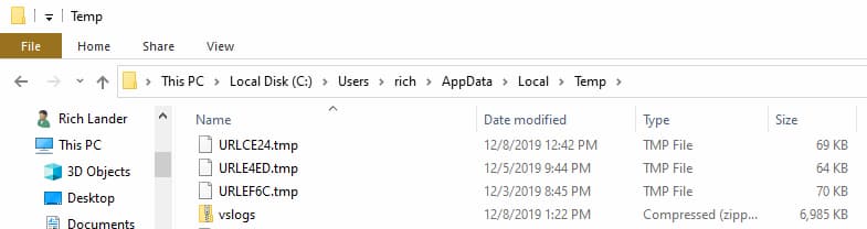 В папке Temp вам необходимо найти файл vslog.zip файла