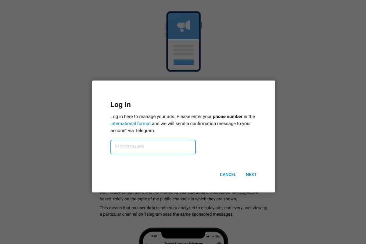 Шаг 1. Вход в Telegram Ads по номеру телефона