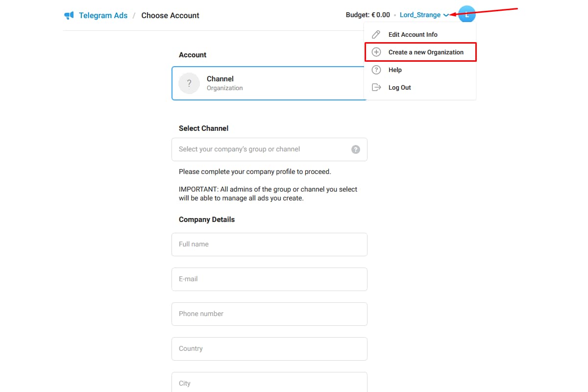 Шаг 2. Выбор аккаунта в Telegram Ads