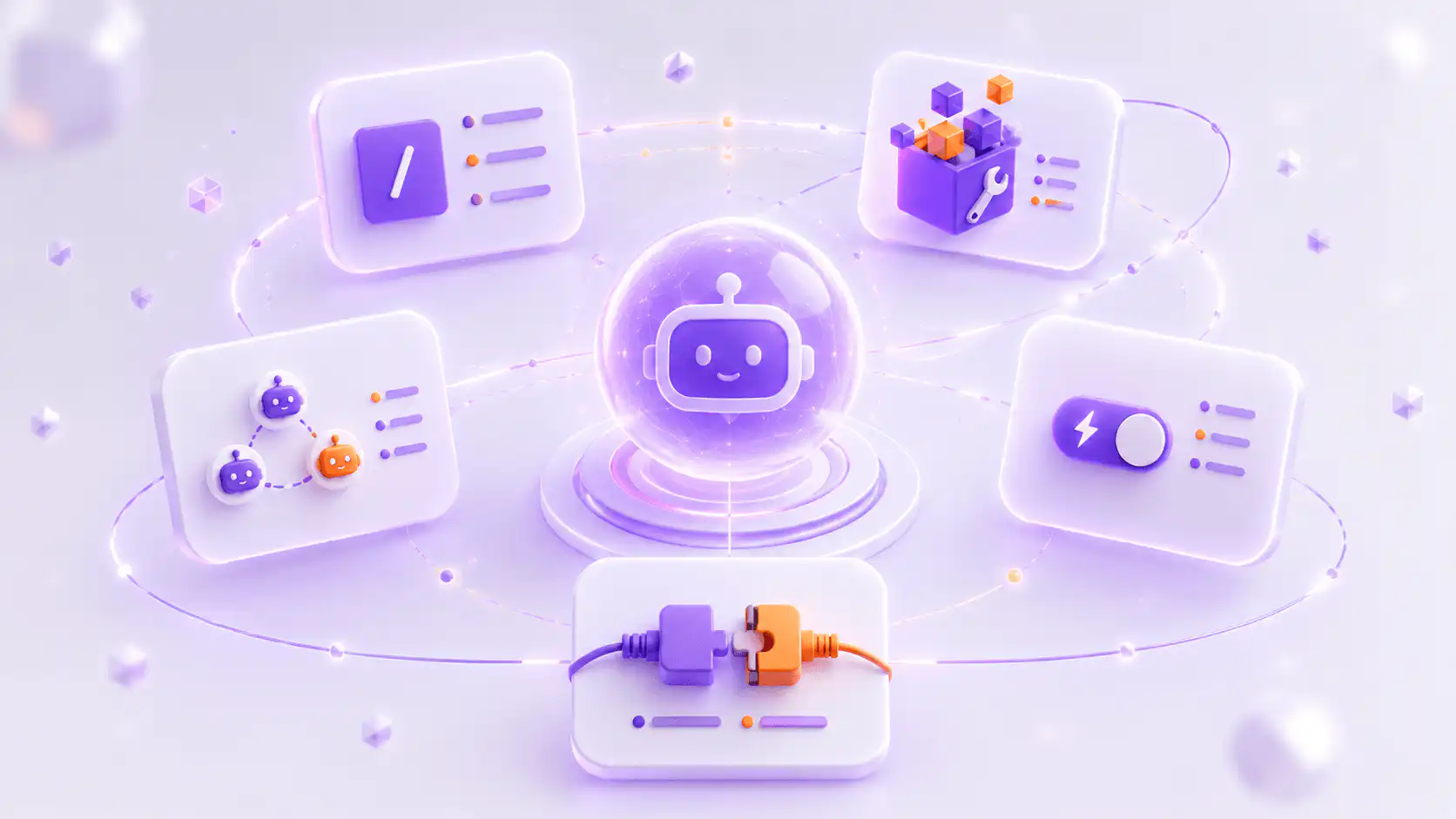 Схема с центральным AI-агентом и пятью модулями Claude Code: slash-команды, skills, subagents, hooks и MCP