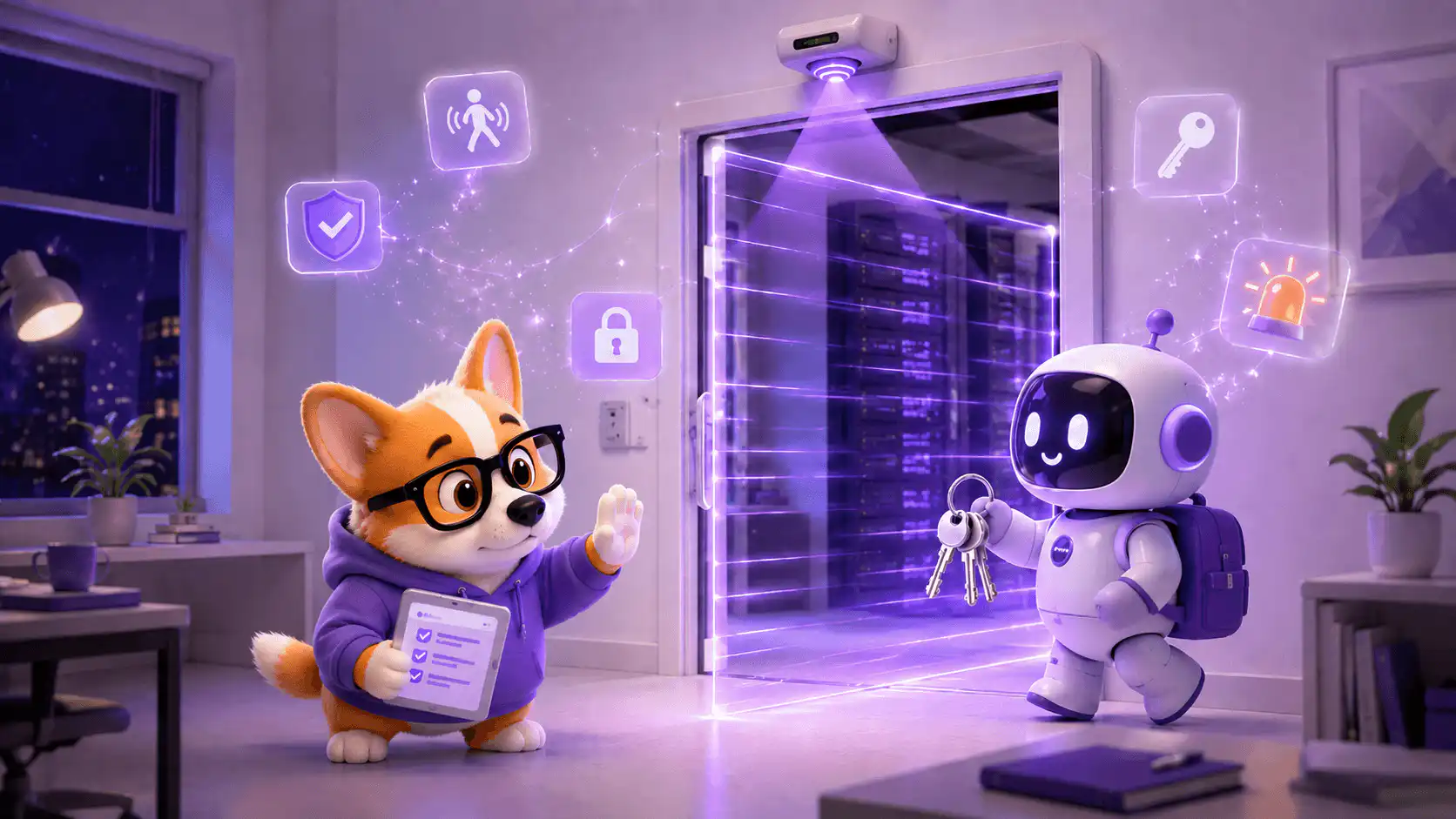 Щенок Рой в очках и фиолетовом худи останавливает AI-бота у серверной, где автоматический хук включает защитный барьер