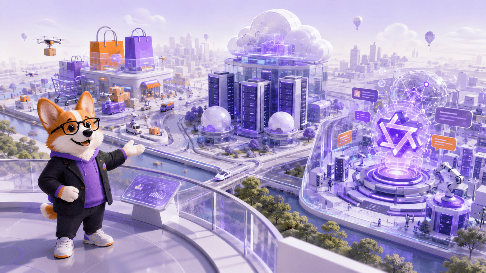 Взрослый Рой в очках показывает футуристический город Alibaba с торговым кварталом, облачной инфраструктурой и AI-лабораторией Qwen