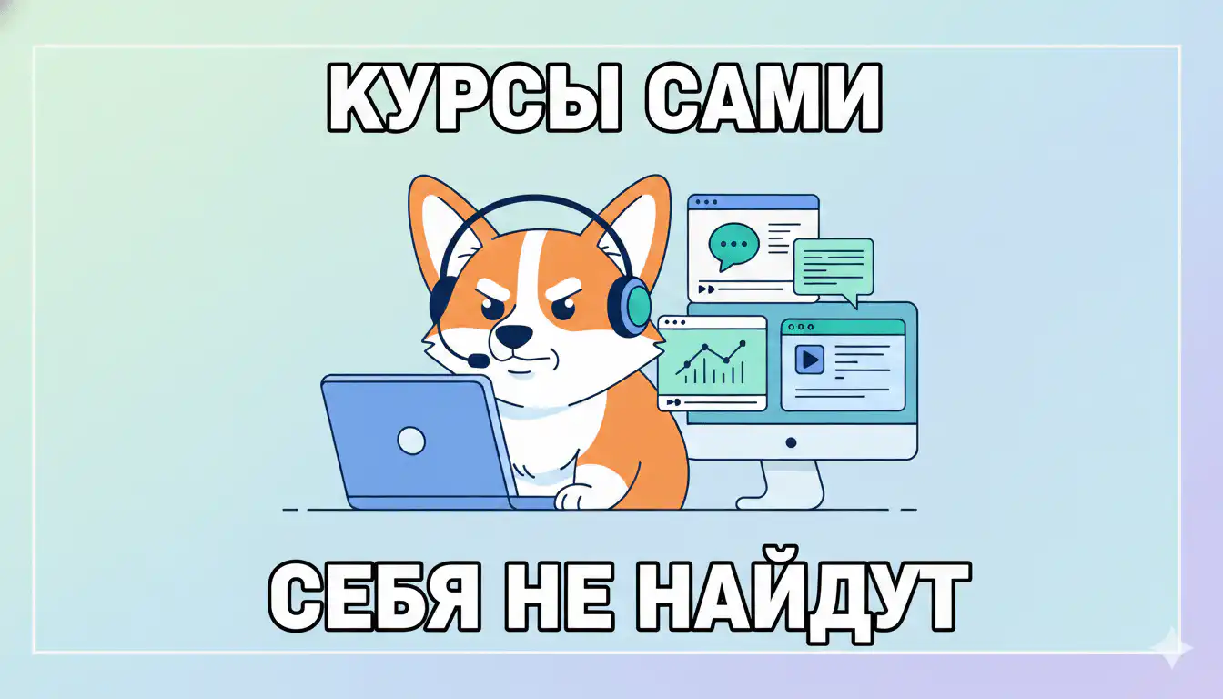 Нарисованный корги Рой в гарнитуре работает за ноутбуком и изучает онлайн-курсы на нескольких экранах