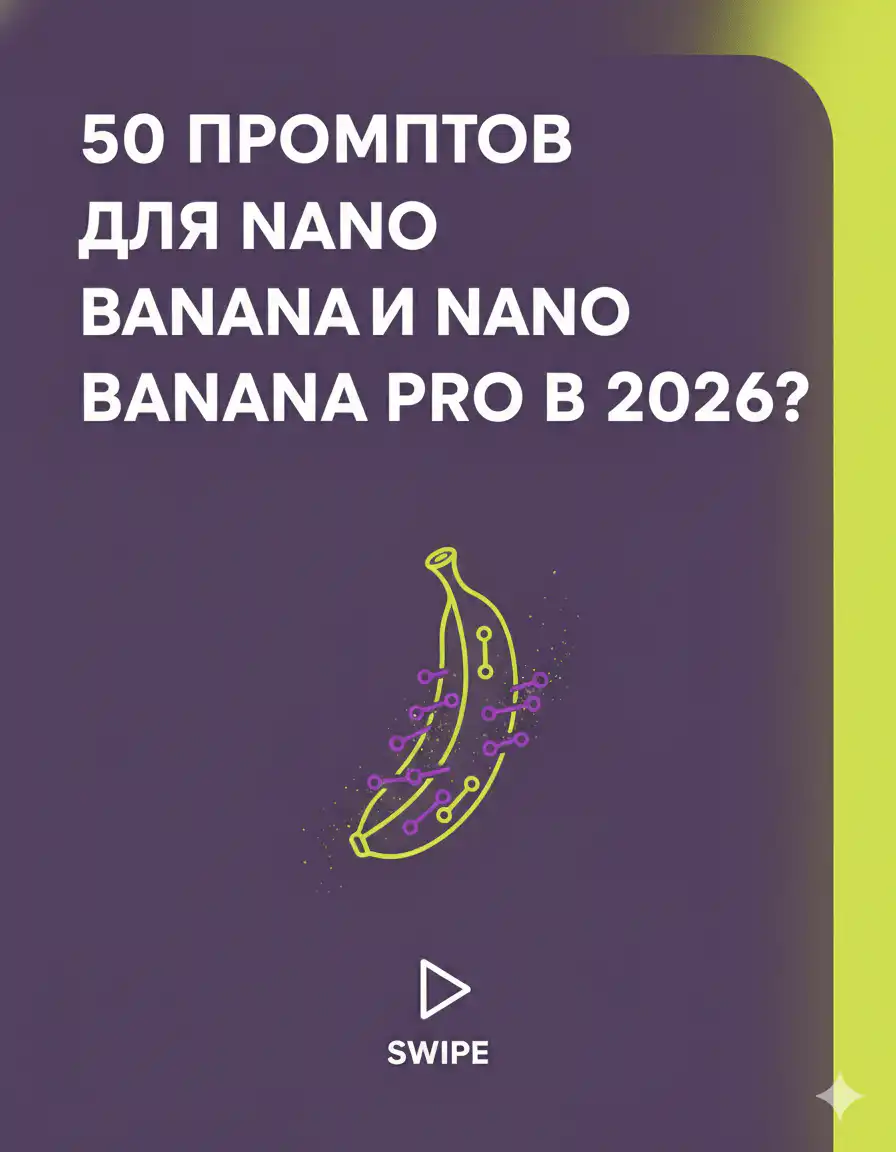 Вертикальная обложка с заголовком о 50 промптах для Nano Banana и Nano Banana Pro и светящейся схемой цифрового банана.