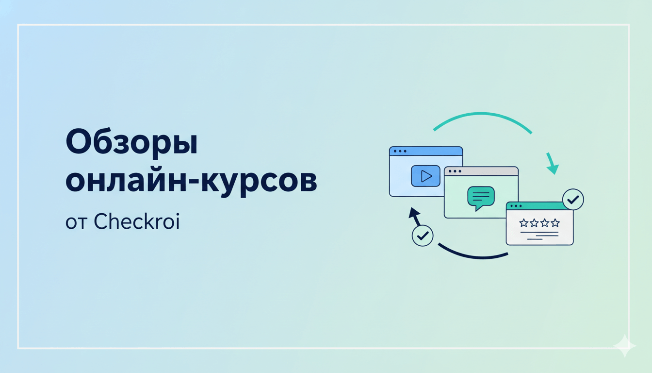 Стеклянные карточки с видео, сообщениями, рейтингом и отметками проверки иллюстрируют процесс подготовки обзоров онлайн-курсов Checkroi