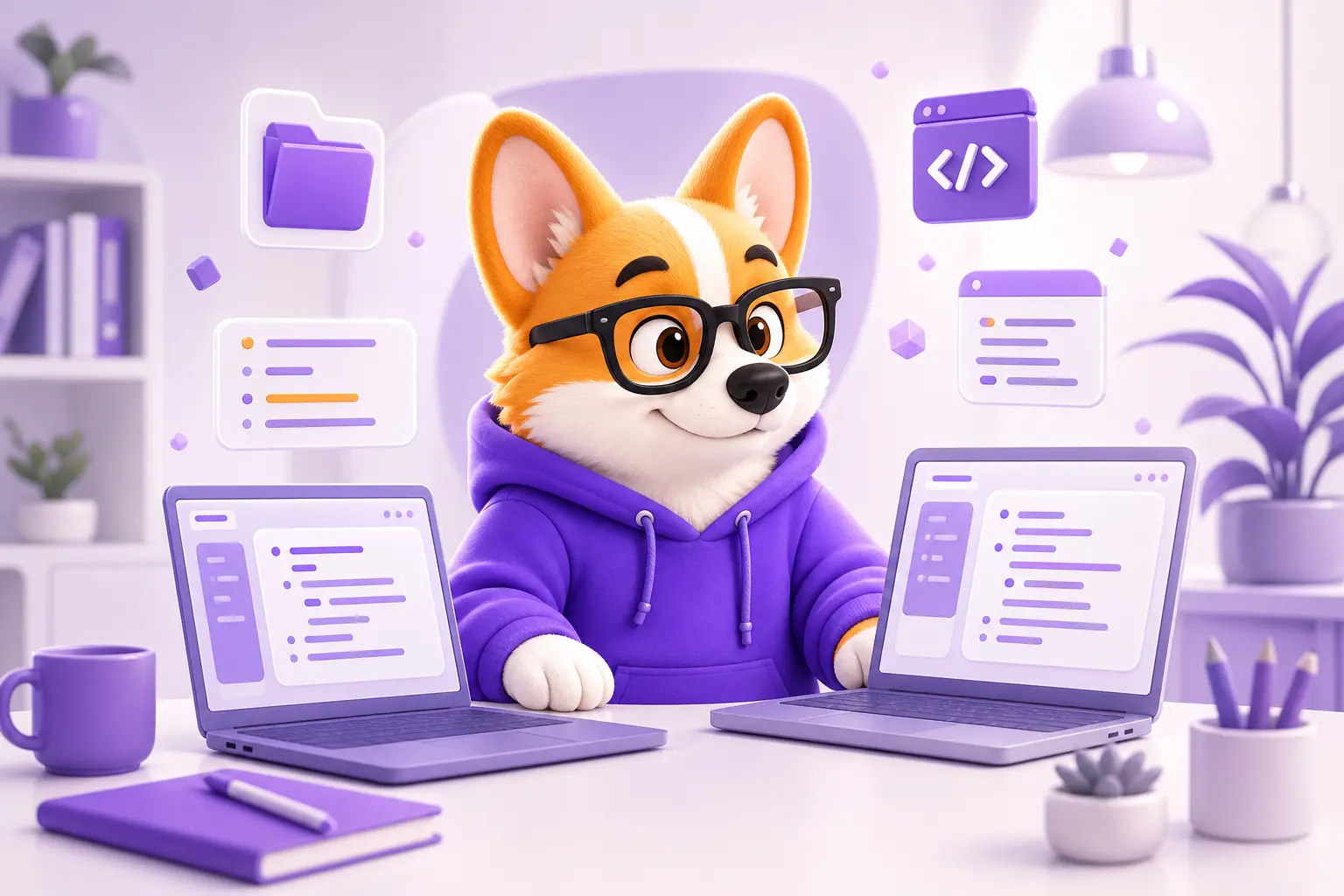 Корги Рой за столом с двумя ноутбуками: Codex и Claude Code