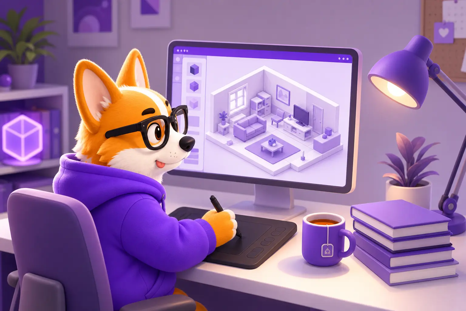 Корги Рой за компьютером проектирует 3D-планировку интерьера