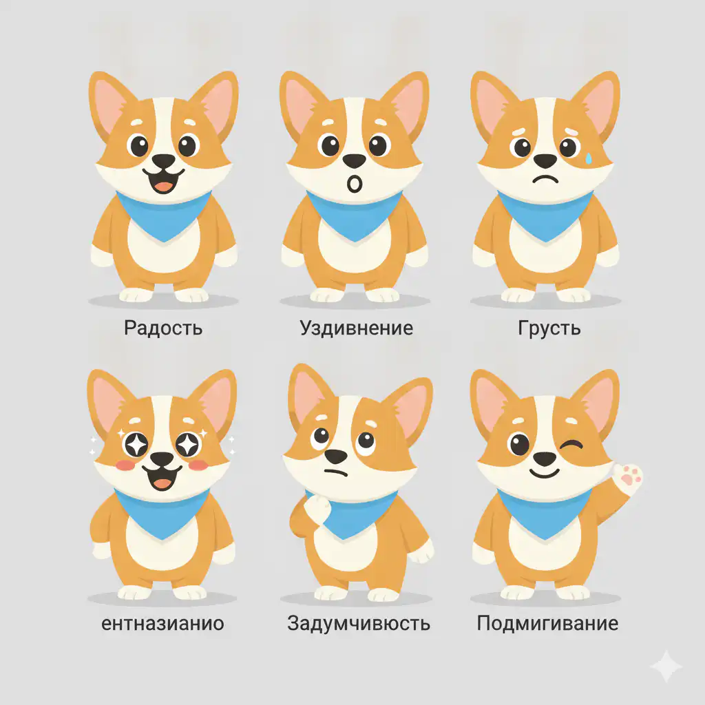 Корги Рой показывает шесть эмоций и состояний: радость, удивление, грусть, восторг, задумчивость и дружелюбное подмигивание
