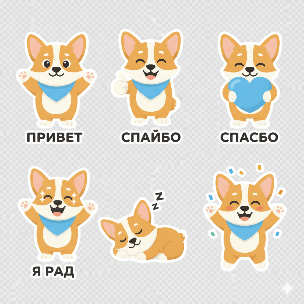 Набор стикеров с корги Роем, который приветствует, благодарит, радуется, держит сердце и спит.