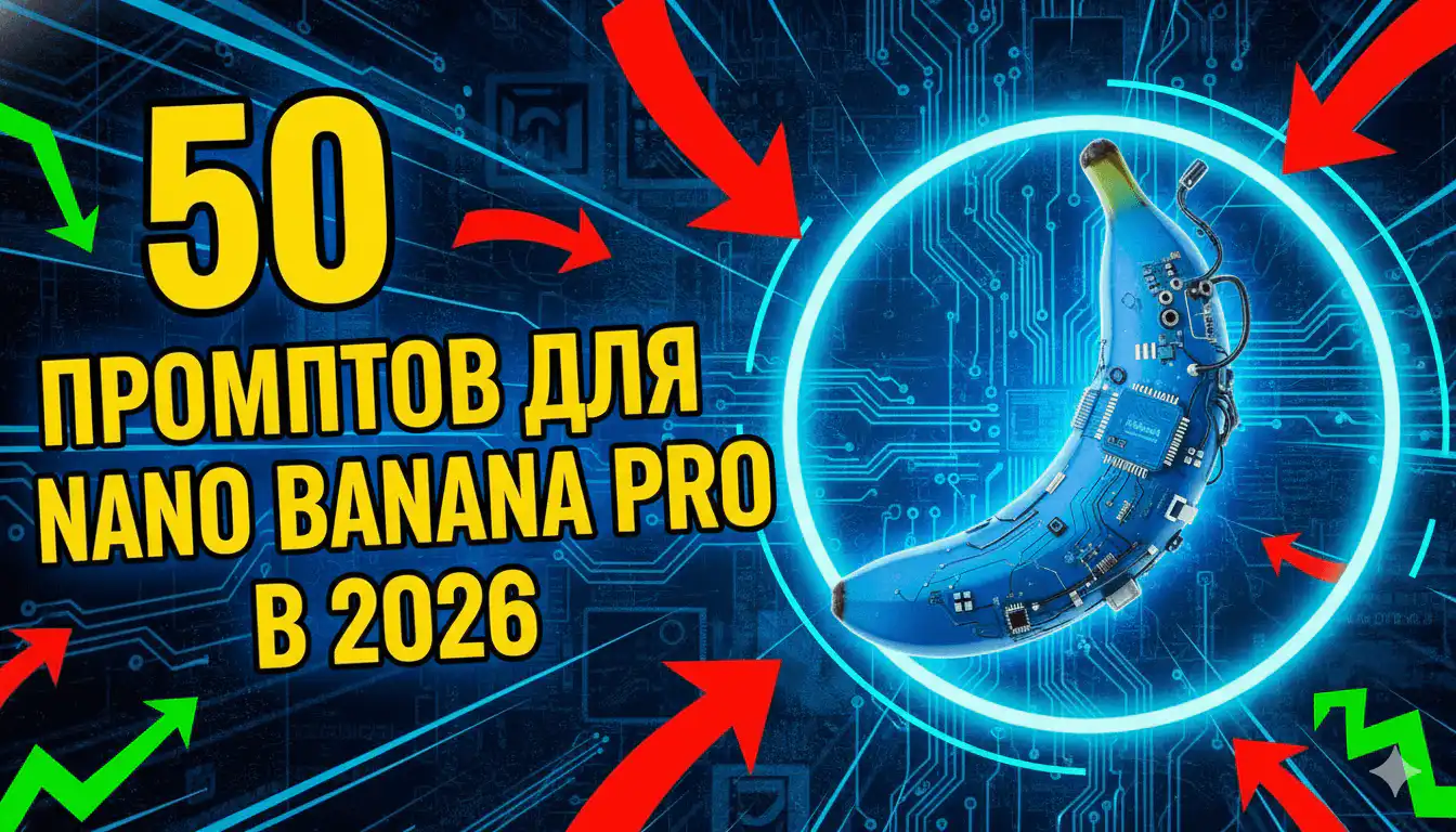 Яркая технологичная обложка с цифровым бананом, микросхемами и крупным заголовком о 50 промптах для Nano Banana Pro.
