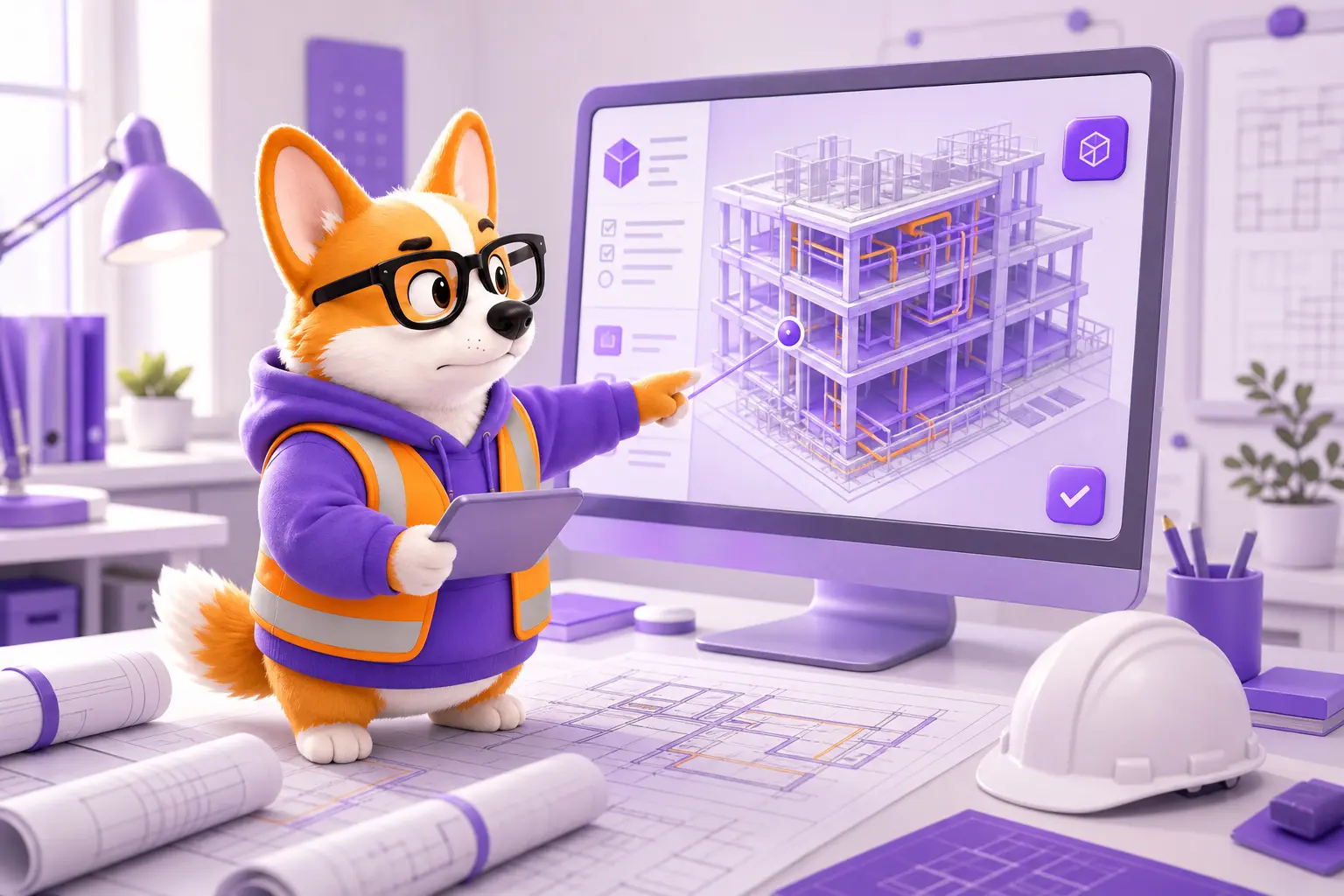 Корги Рой указывает на 3D-модель здания за рабочим столом проектировщика