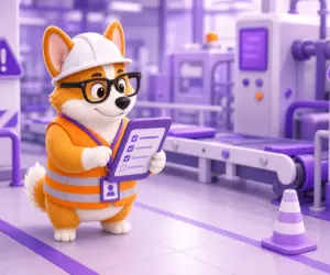 Специалист по охране труда в каске и сигнальном жилете с чек-листом на производстве
