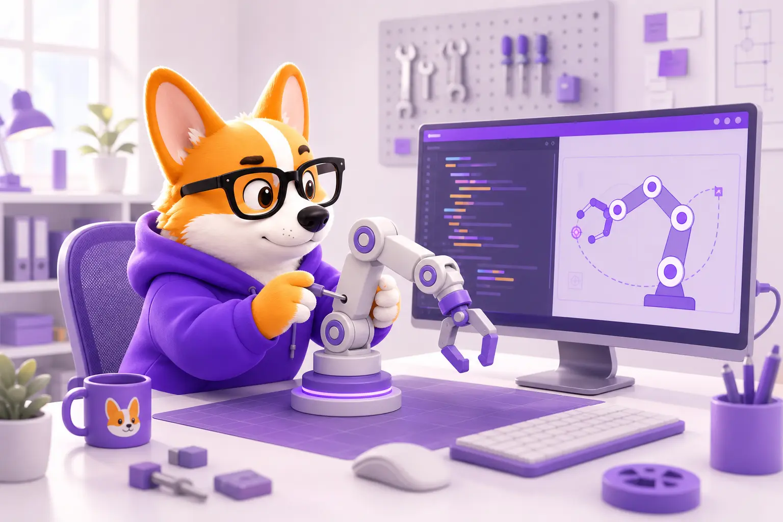 Корги Рой программирует робота-манипулятора за рабочим столом разработчика