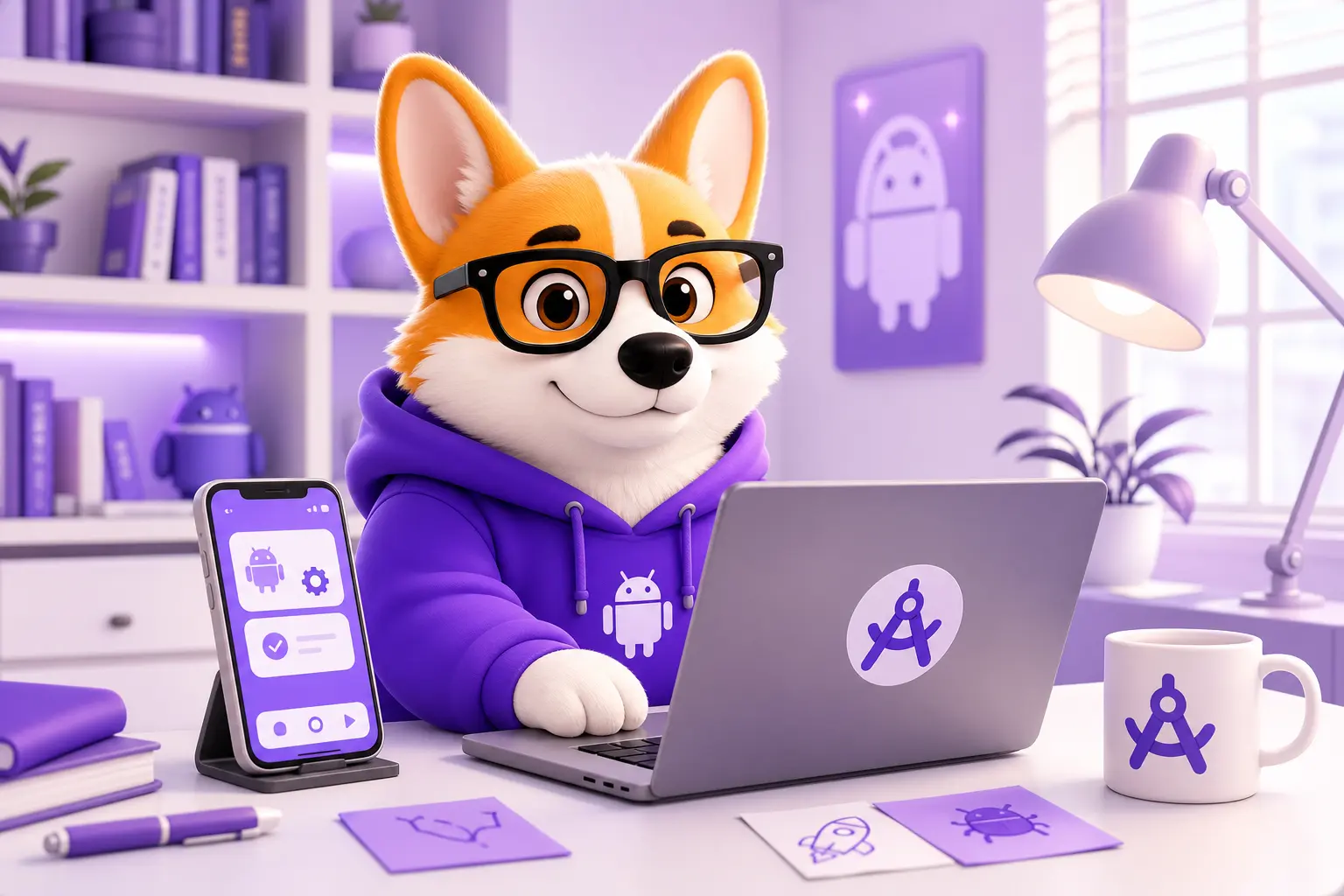 Android-разработчик за рабочим столом с ноутбуком и смартфоном