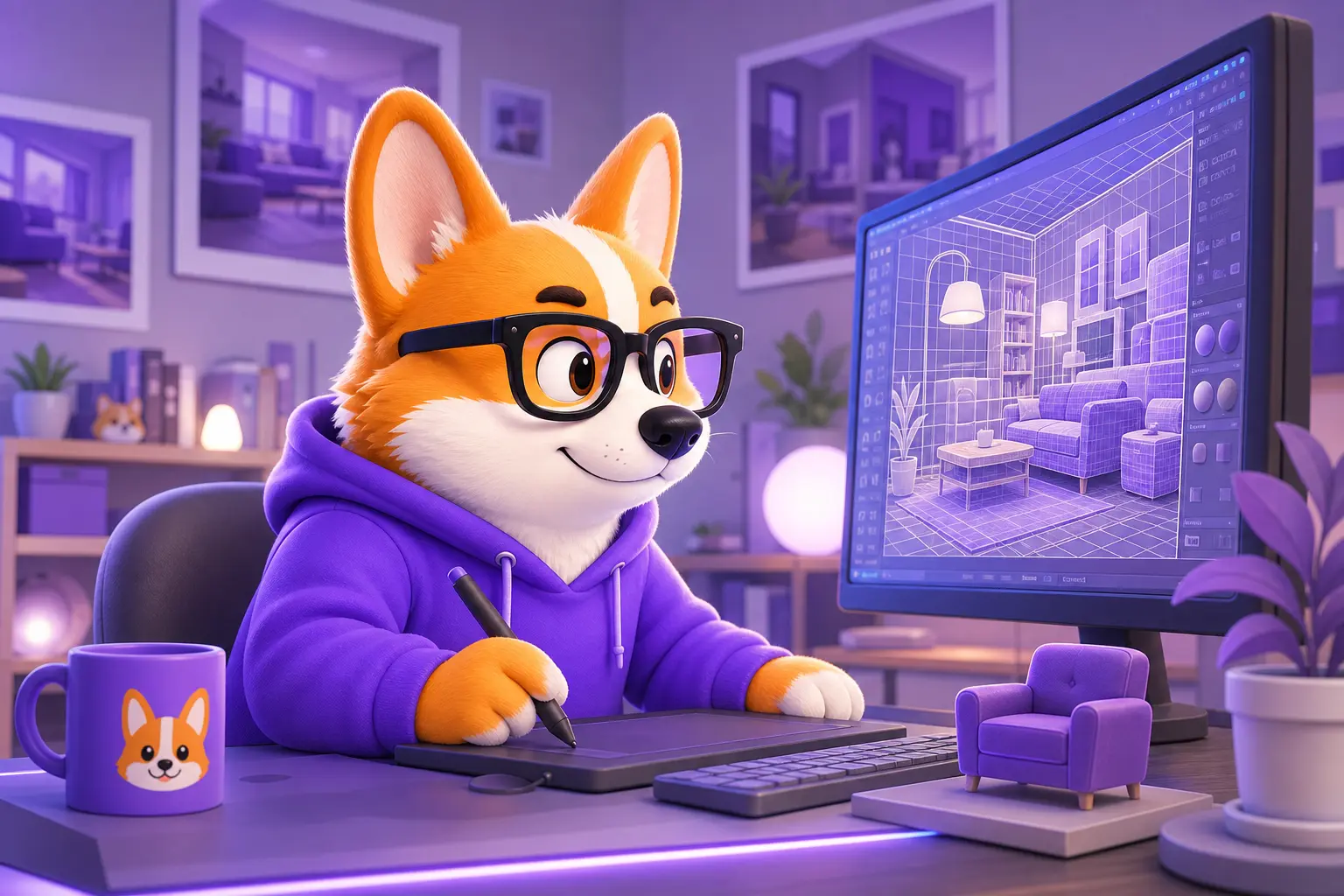 Маскот Рой за рабочей станцией 3D-визуализатора с трёхмерной сценой на экране