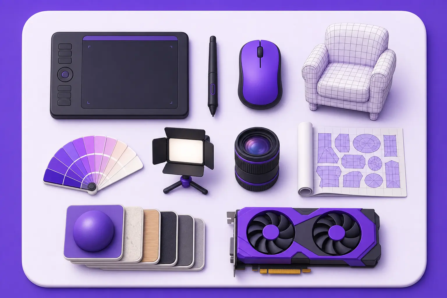 Раскладка инструментов специалиста по 3ds Max: планшет, модель, палитра, светильник