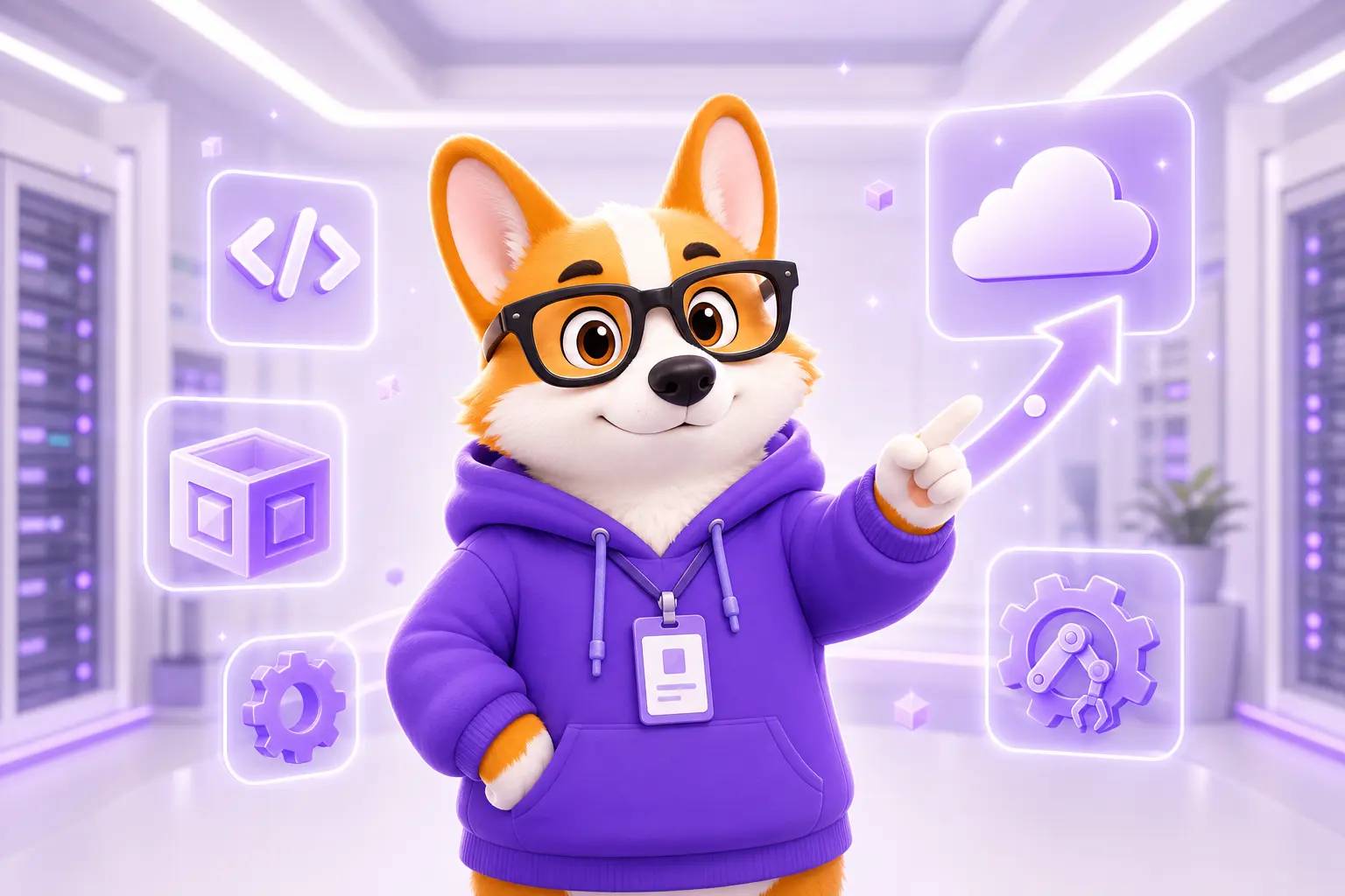 Корги Рой в роли DevOps-инженера на фоне голограмм конвейера доставки кода