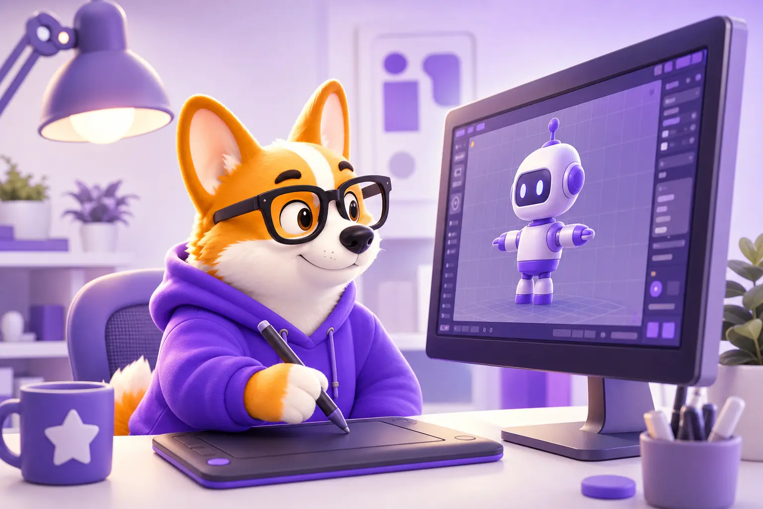 Корги Рой моделирует 3D-объект за компьютером в фиолетовой студии