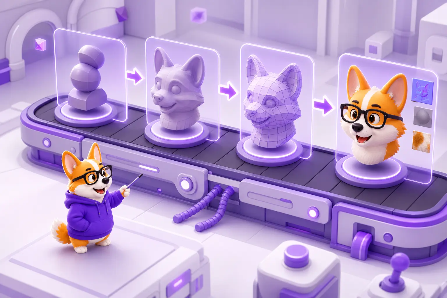 Конвейер этапов создания 3D-модели от болванки до готового ассета, маленький Рой-гид рядом