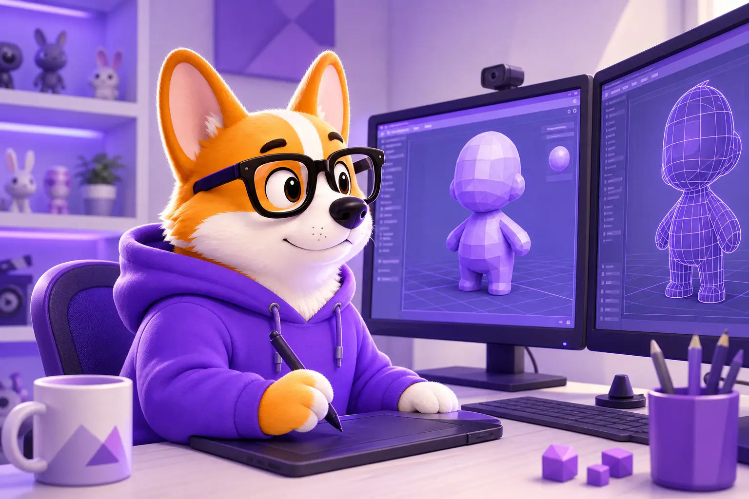 Рой-корги за 3D-станцией с полигональной моделью персонажа на экране