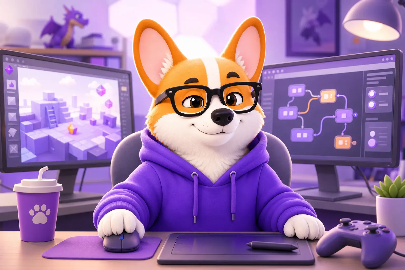 Рой-корги за рабочим столом разработчика игр на Unreal Engine с двумя мониторами