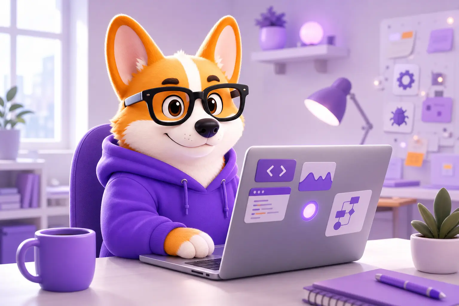Маскот Рой за рабочим столом JavaScript-разработчика