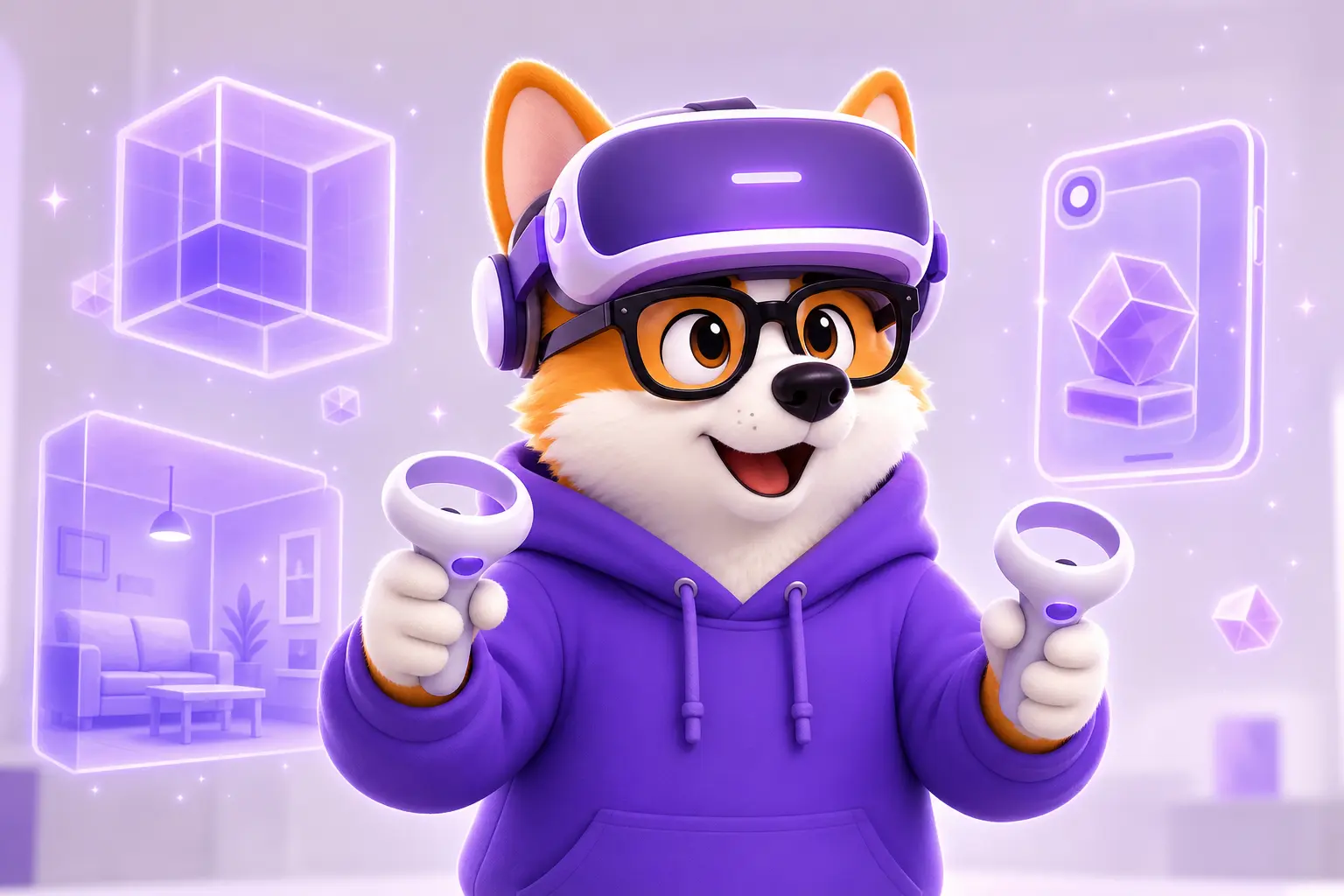 Корги Рой в VR-гарнитуре и фиолетовом худи с контроллерами в лапах среди голограмм