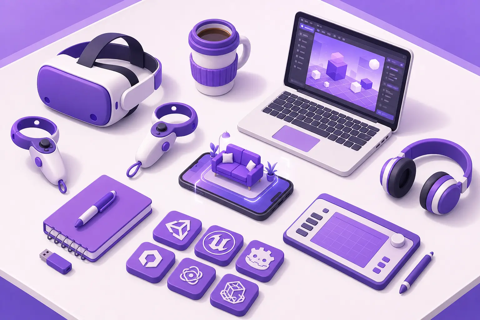 Изометрическая раскладка инструментов VR-разработчика: шлем, контроллеры, смартфон с AR, ноутбук