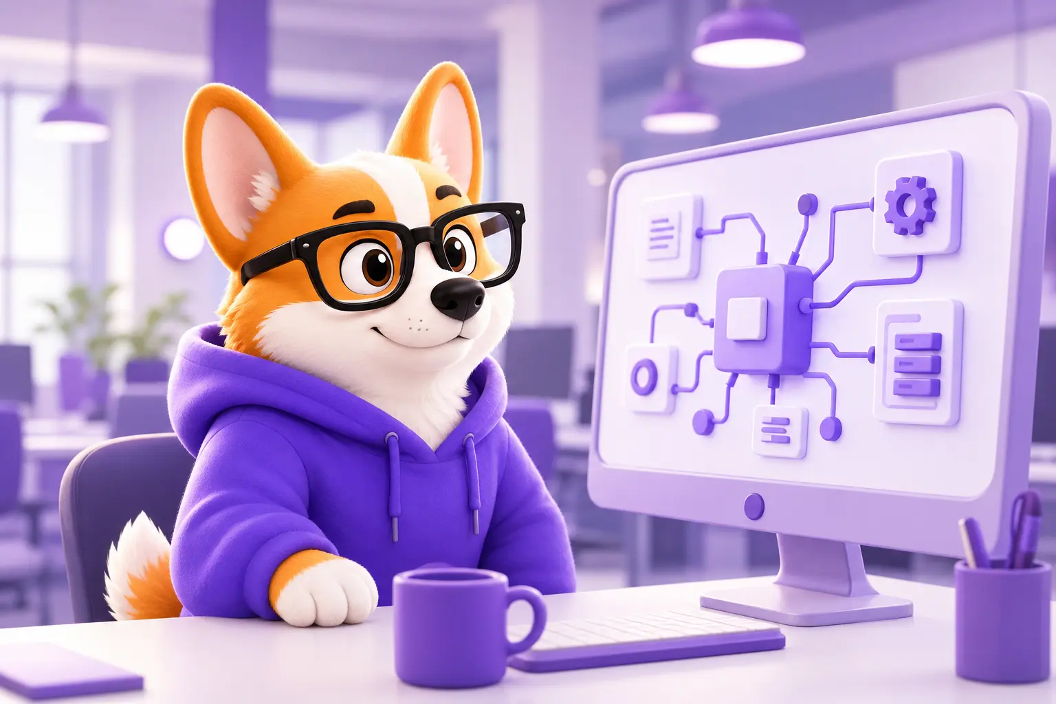 Корги Рой за рабочим столом backend-разработчика Корги Рой за рабочим столом backend-разработчика