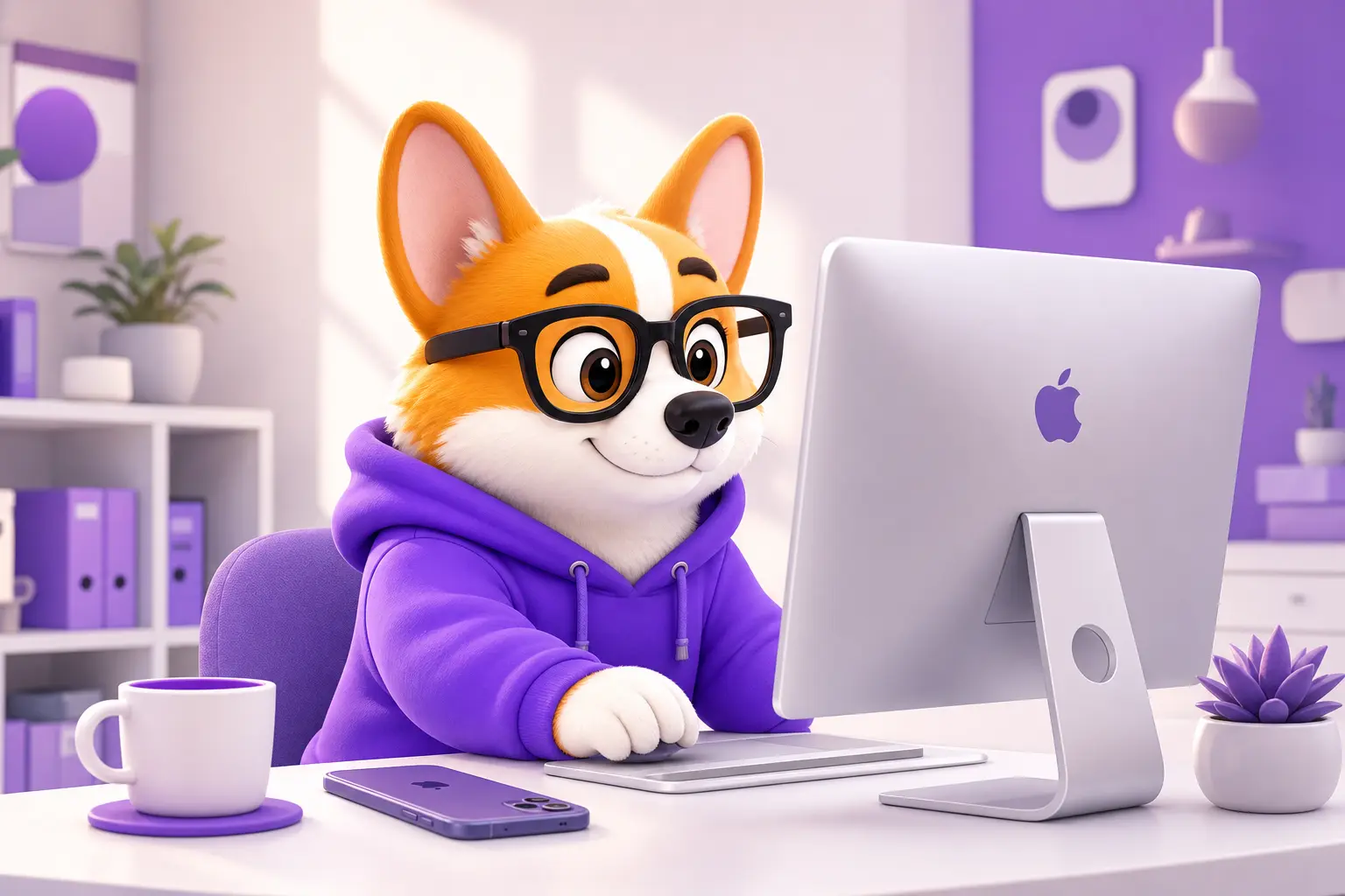 Рой-корги в фиолетовом худи кодит нативное приложение за компьютером Apple