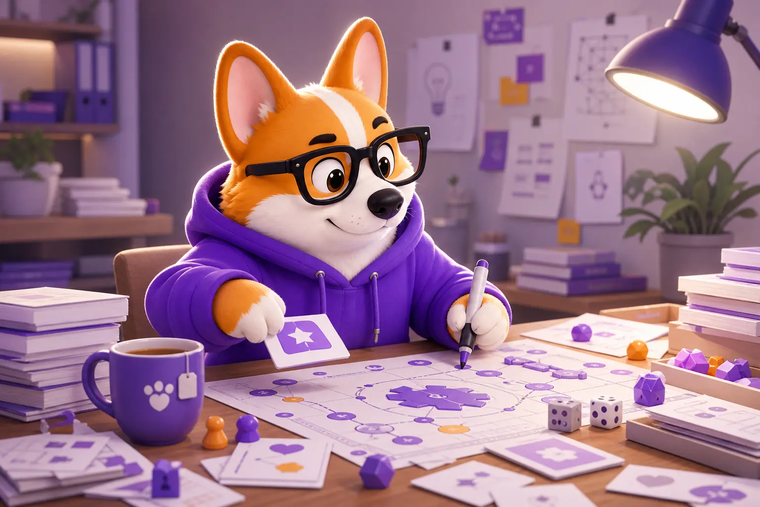 Корги Рой за столом раскладывает прототип настольной игры из карточек и фишек