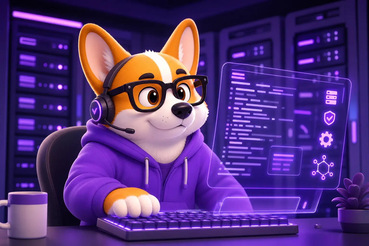 Корги-маскот Рой в роли администратора Linux у серверных стоек
