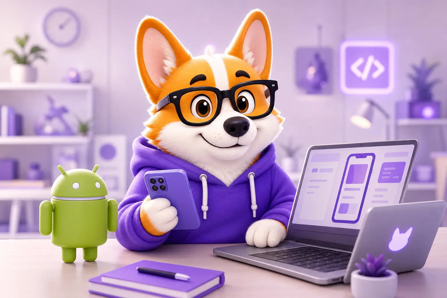 Корги Рой за столом разработчика с ноутбуком и фигуркой Android-робота