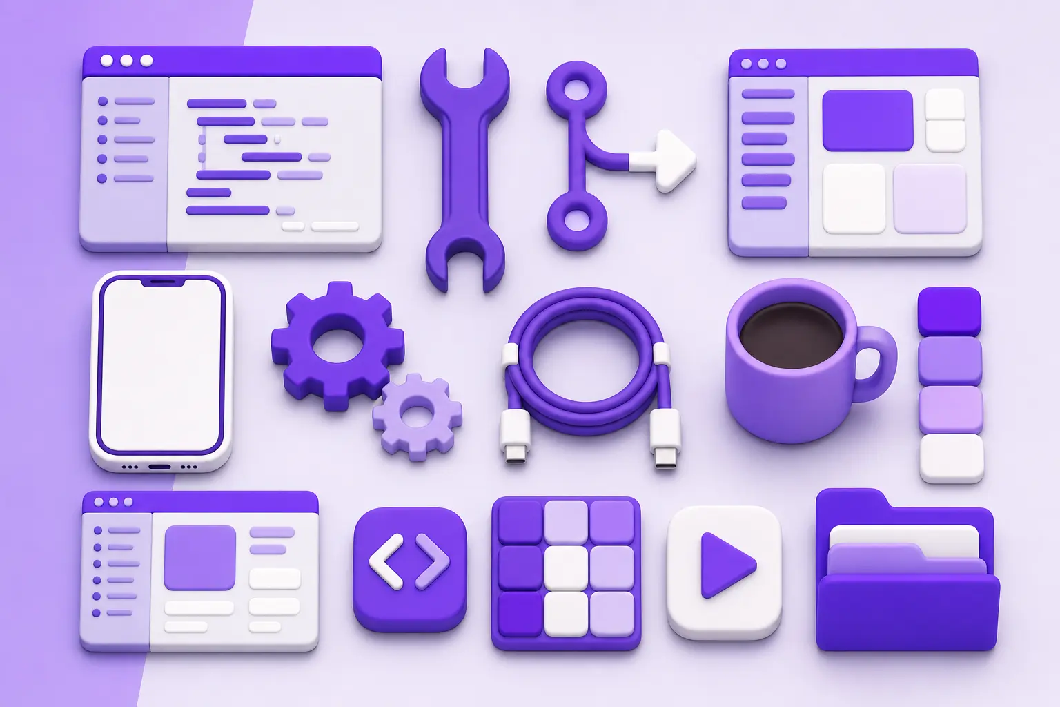 Изометрическая раскладка инструментов разработчика: IDE, смартфон, шестерёнки, ветка версий