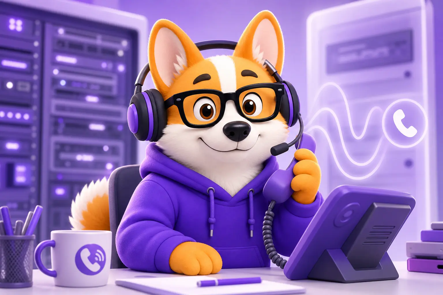 Маскот-корги в роли VoIP-инженера за столом с IP-телефоном и гарнитурой Маскот-корги в роли VoIP-инженера за столом с IP-телефоном и гарнитурой