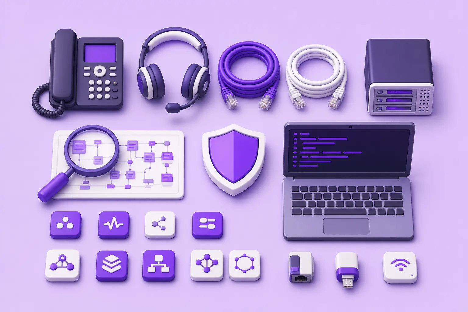 Изометрическая раскладка инструментов VoIP-инженера: телефон, гарнитура, сервер, патч-корды Изометрическая раскладка инструментов VoIP-инженера: телефон, гарнитура, сервер, патч-корды