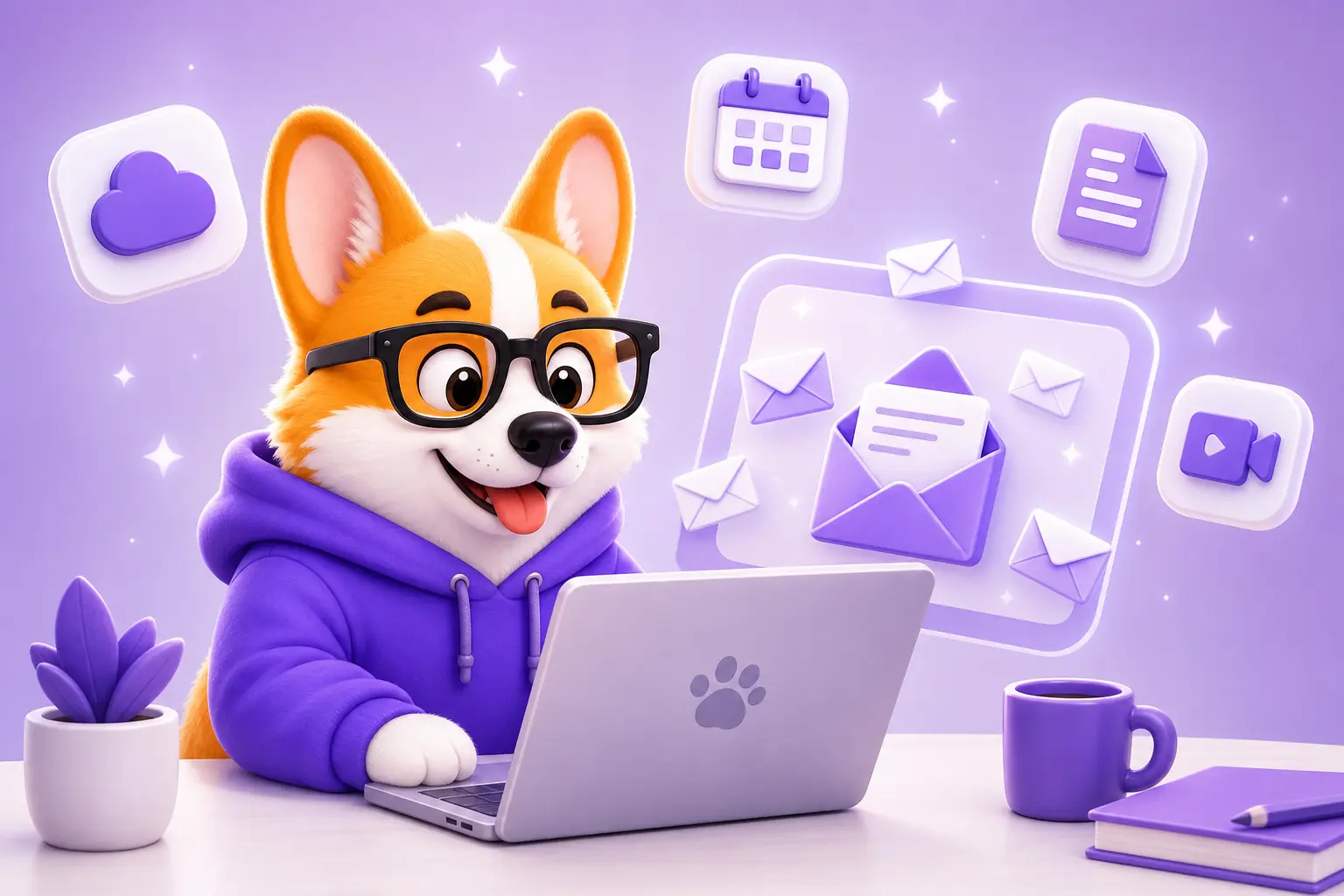 Корги Рой у ноутбука с открытой почтой Gmail и сервисами Google