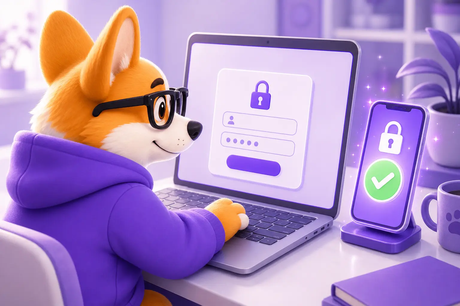 Корги Рой уверенно входит в аккаунт Gmail с ноутбука и телефона