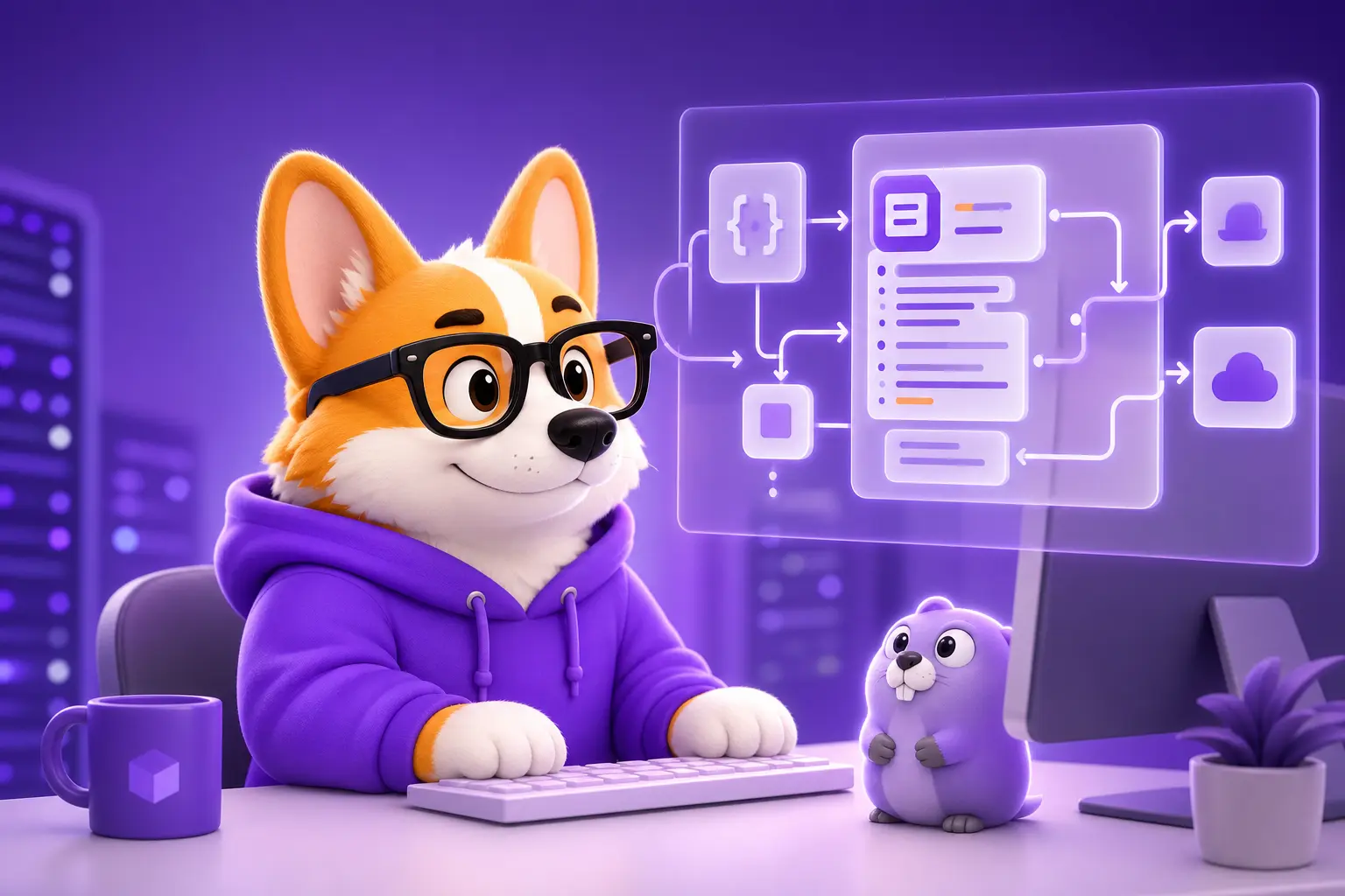 Маскот-корги Рой за рабочим столом backend-разработчика