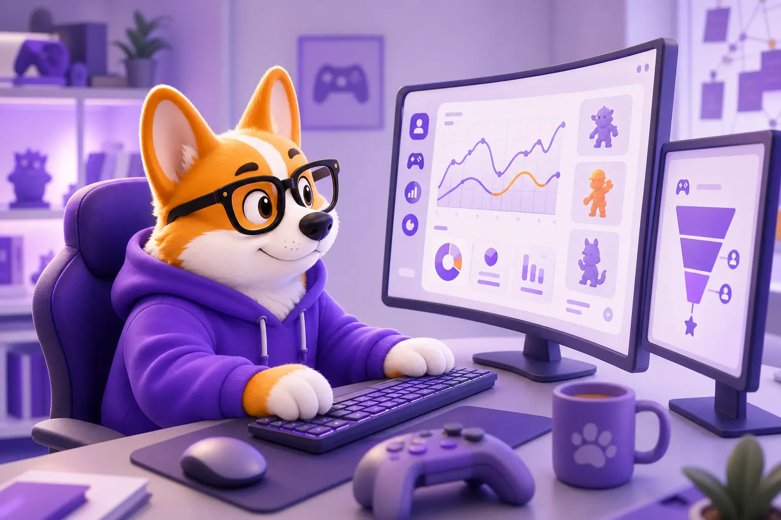 Корги-аналитик изучает игровые метрики на двух мониторах в студии