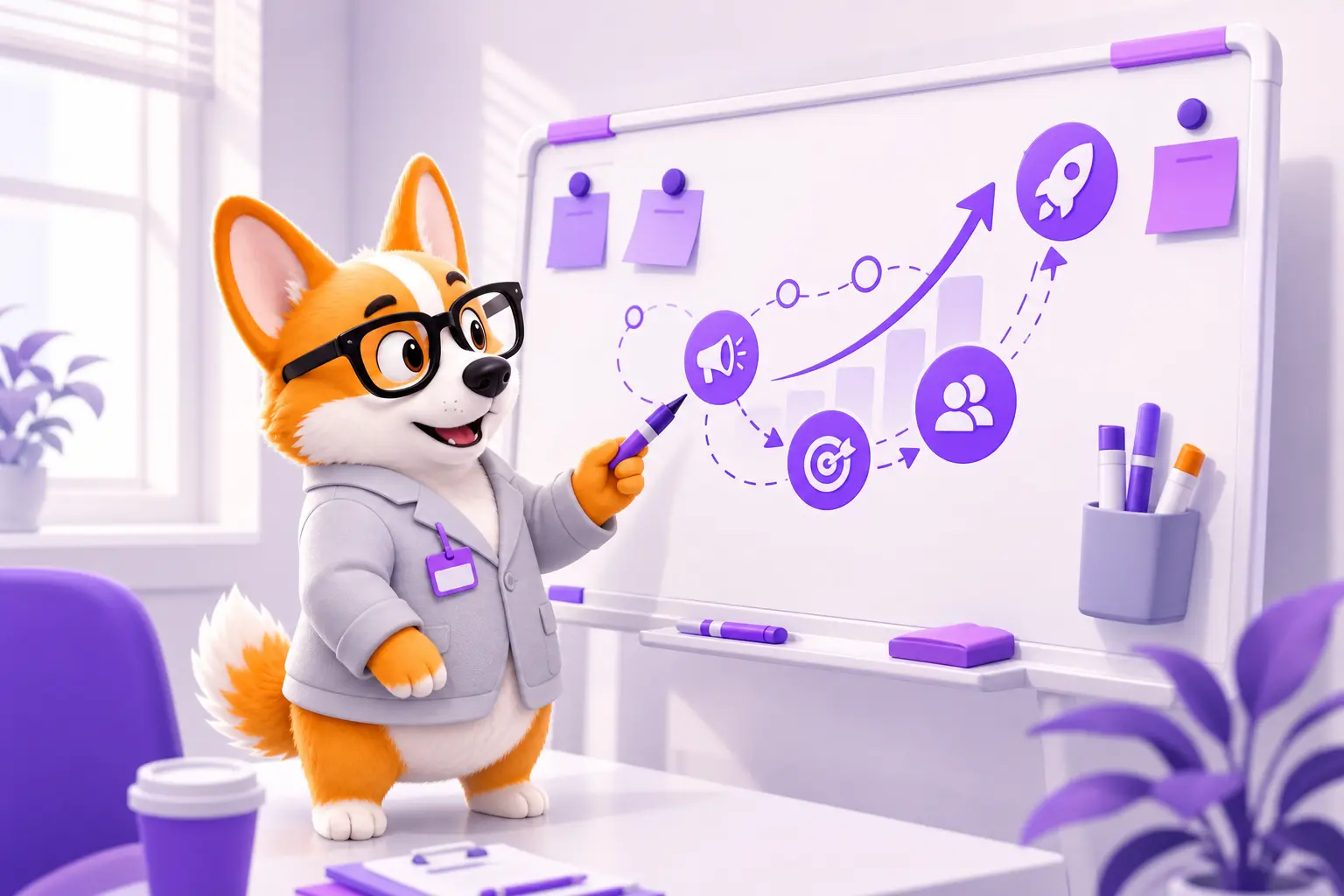 Рой-директор по маркетингу у доски со схемой кампании
