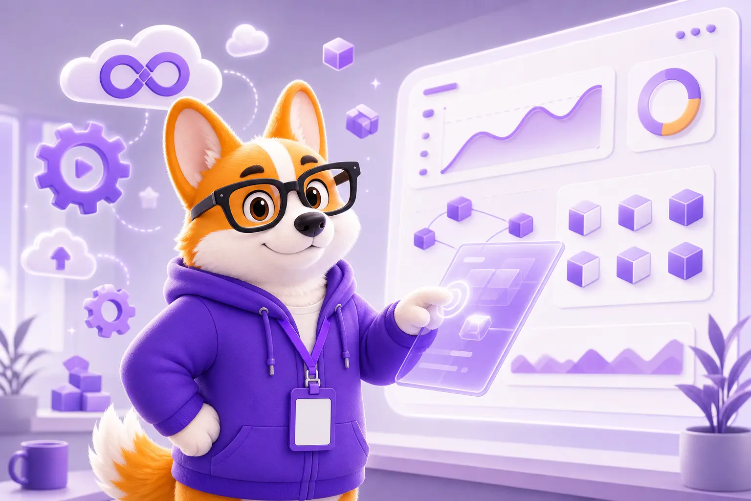 Корги-маскот Рой в роли DevOps-инженера у панели мониторинга инфраструктуры Корги-маскот Рой в роли DevOps-инженера у панели мониторинга инфраструктуры