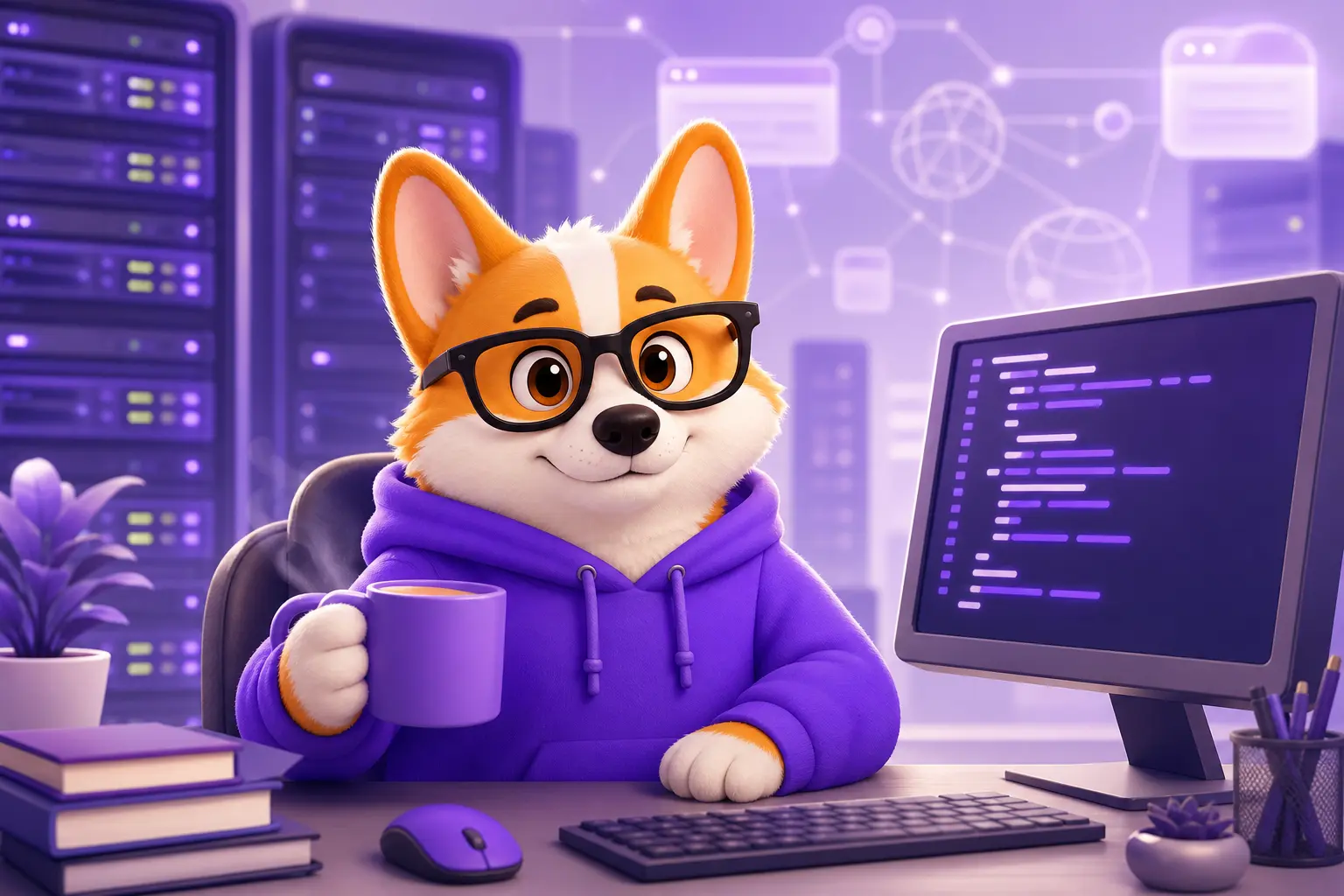 Корги Рой за рабочим столом разработчика с кружкой кофе Корги Рой за рабочим столом разработчика с кружкой кофе