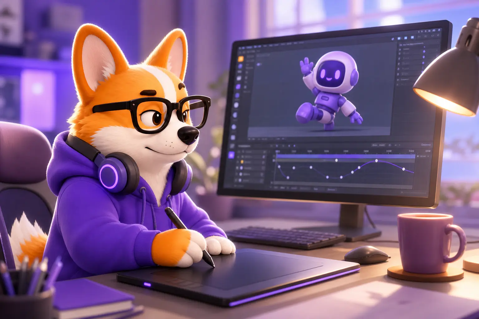 Рой-аниматор за рабочим местом анимирует 3D-персонажа на мониторе Рой-аниматор за рабочим местом анимирует 3D-персонажа на мониторе