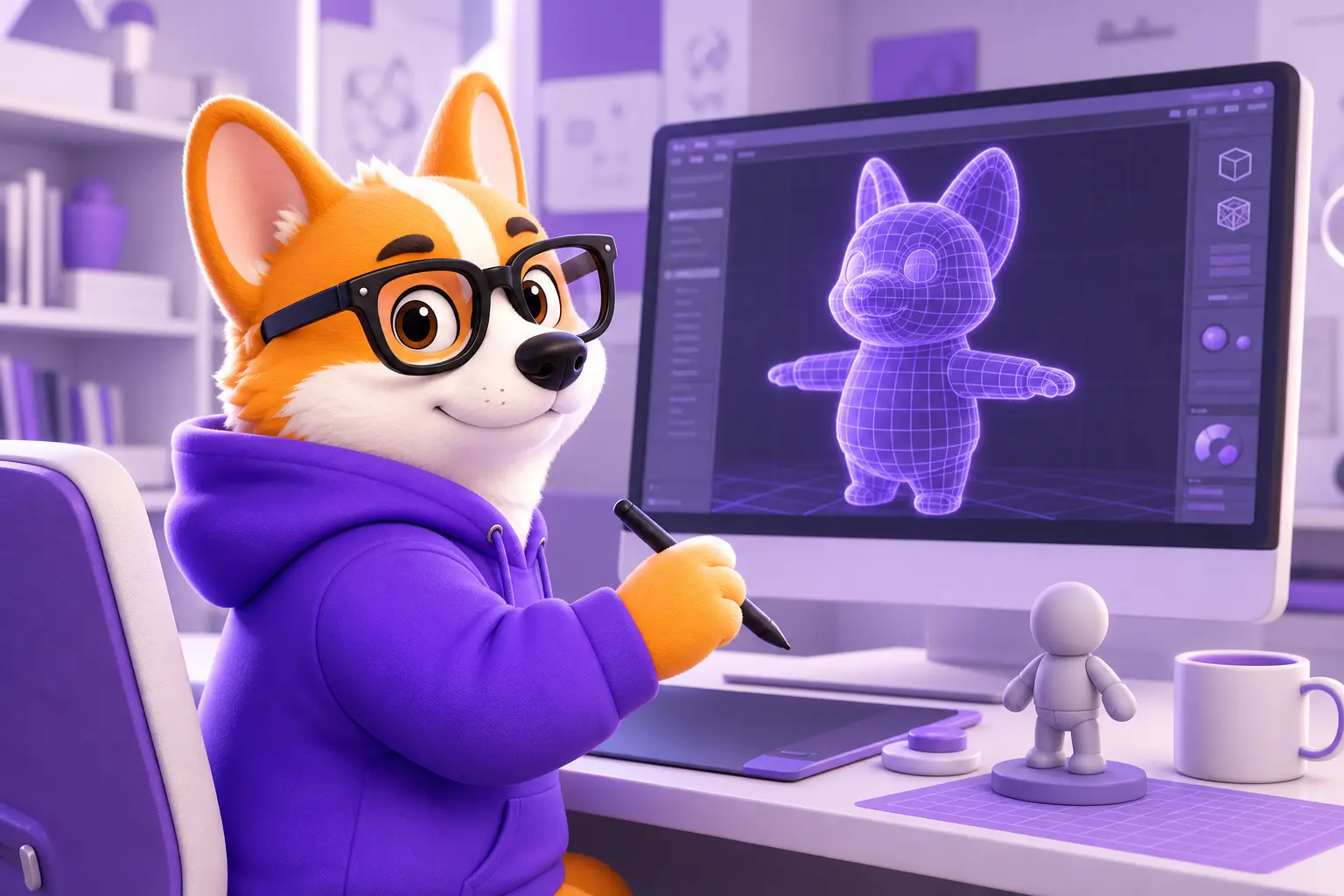 Корги Рой за рабочим столом 3D-художника с моделью персонажа на мониторе Корги Рой за рабочим столом 3D-художника с моделью персонажа на мониторе