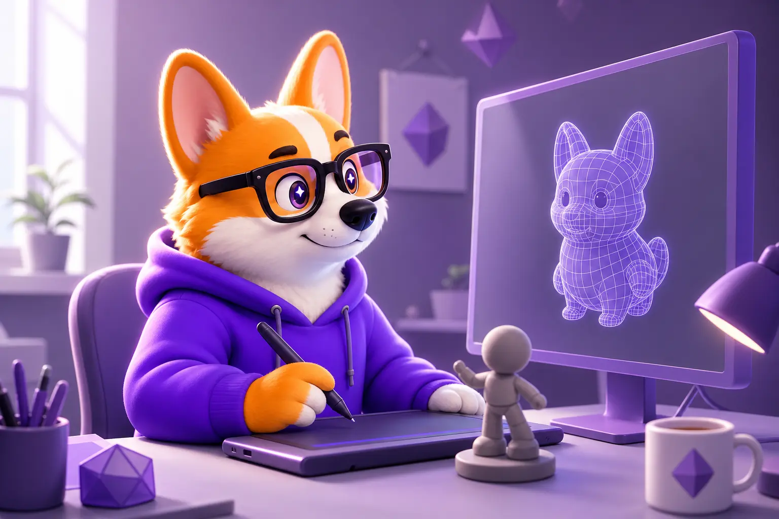Рой-корги моделирует 3D-персонажа за компьютером с графическим планшетом Рой-корги моделирует 3D-персонажа за компьютером с графическим планшетом