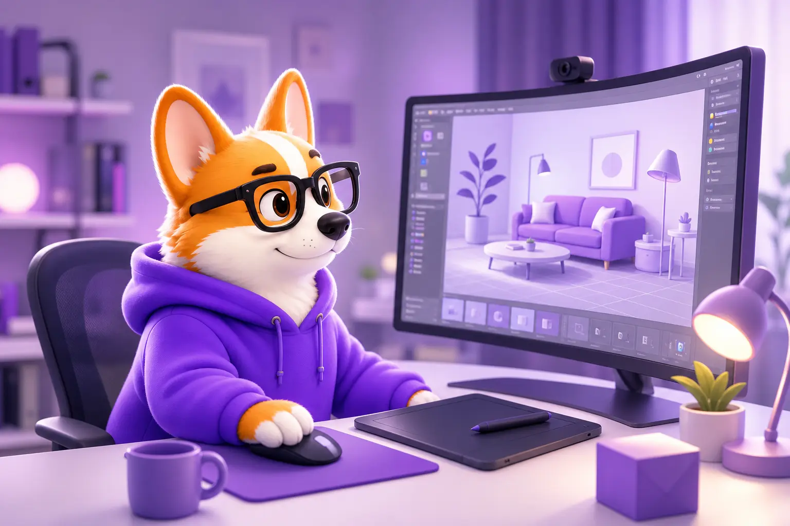 Рой-корги за рабочей станцией 3D-визуализатора с интерьерной сценой на экране Рой-корги за рабочей станцией 3D-визуализатора с интерьерной сценой на экране