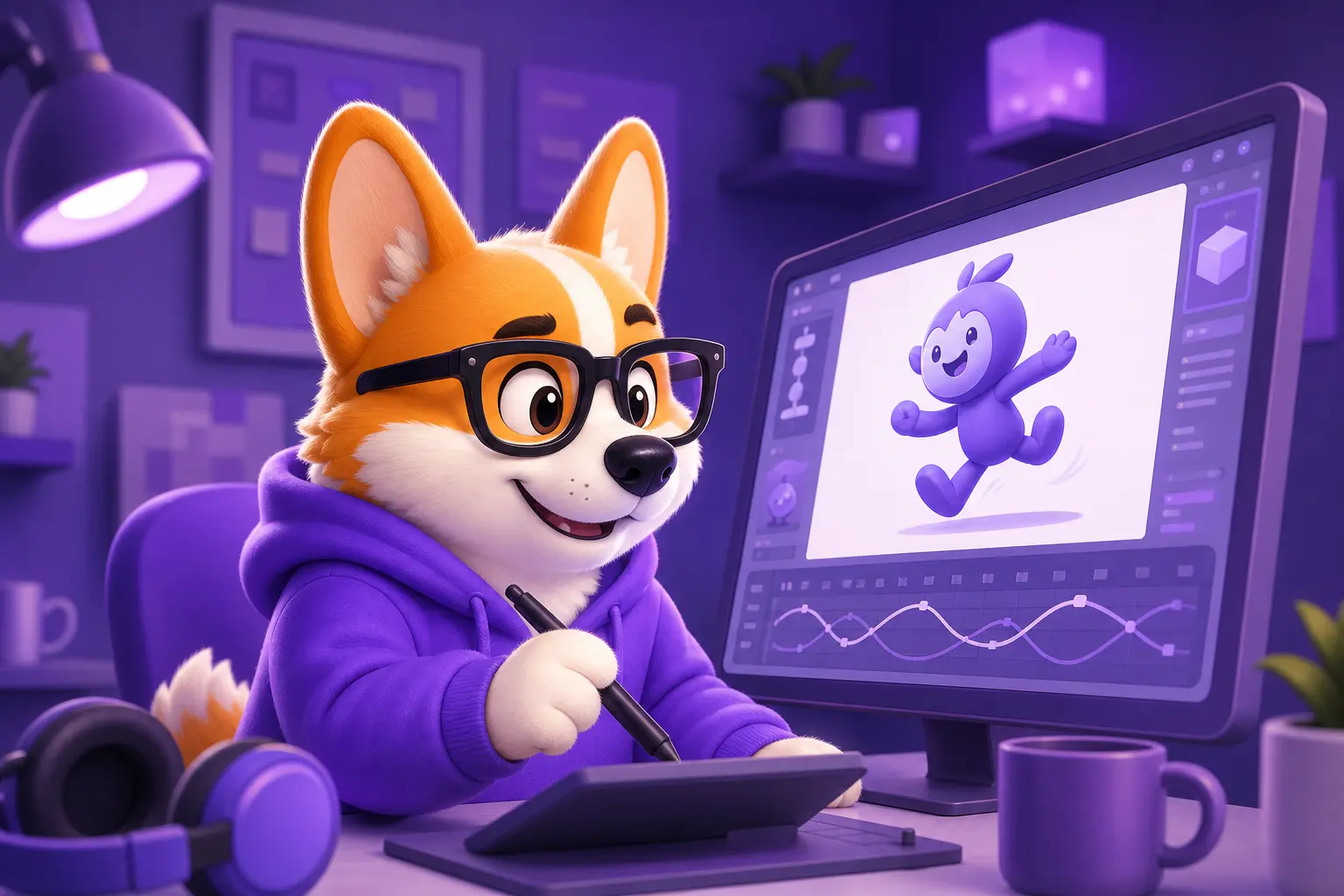 Корги Рой за компьютером анимирует 3D-персонажа на таймлайне Корги Рой за компьютером анимирует 3D-персонажа на таймлайне