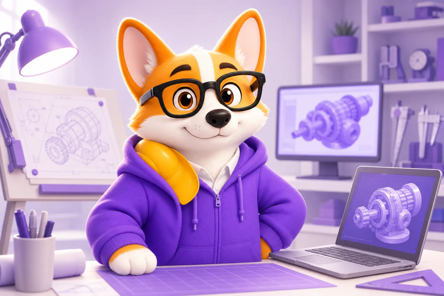 Корги Рой в роли инженера у рабочего верстака с чертежом и 3D-моделью