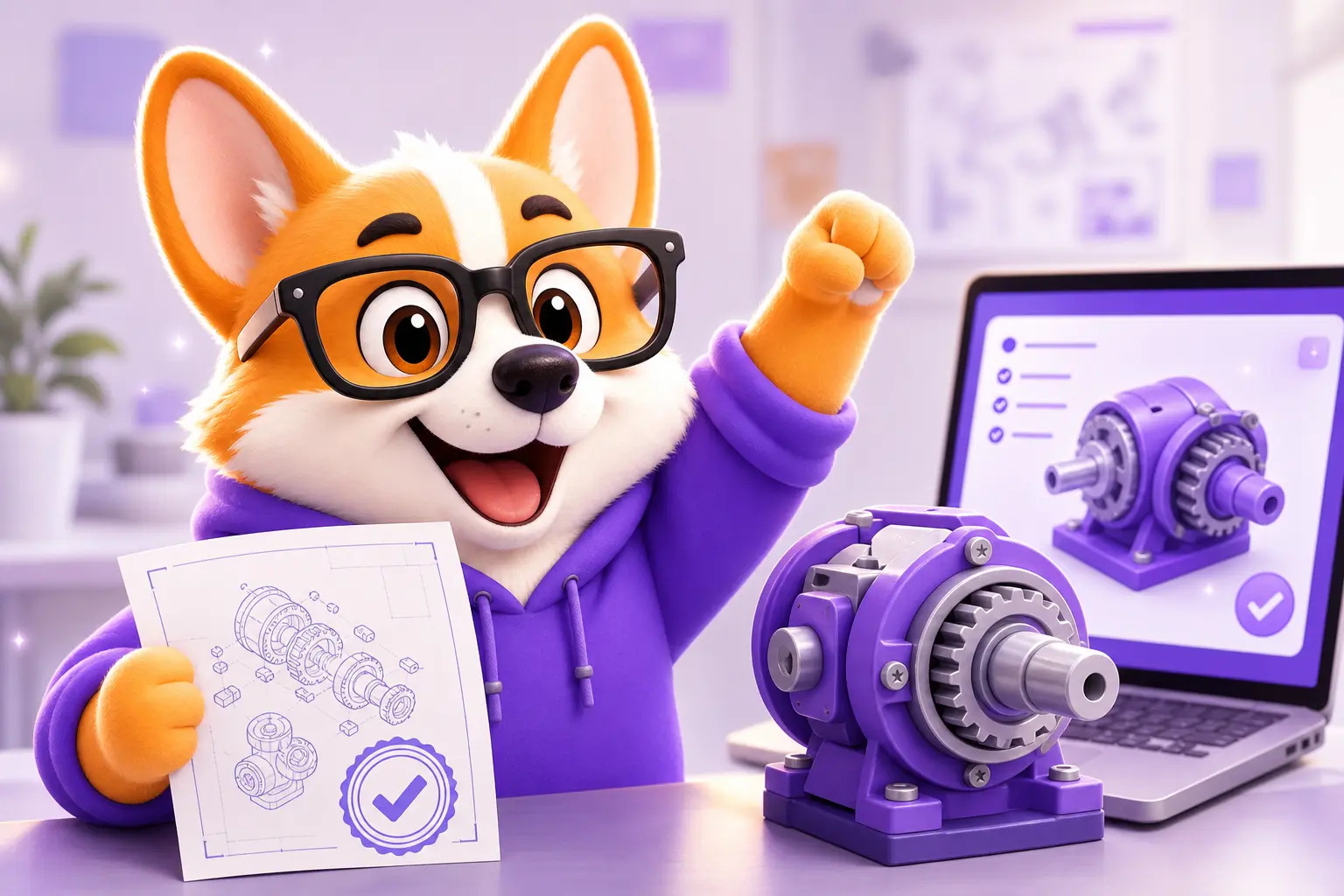 Корги Рой радостно держит законченный комплект чертежей и собранную 3D-модель